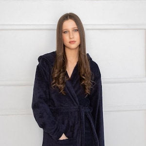 Natural dark blue bamboo frottee women robe, women frotte kimono, organic and sustainable bamboo bathrobe, summer linen homewear