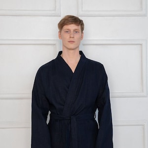 Natural dark blue linen men robe, men linen kimono, organic and sustainable linen summer bathrobe, summer linen homewear