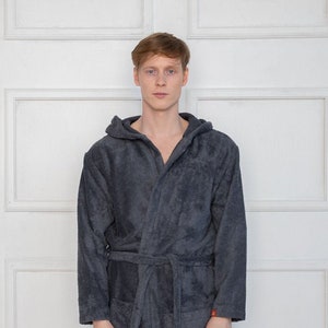 Natural dark gray bamboo frottee men robe, women frotte kimono, organic and sustainable bamboo bathrobe, summer linen homewear