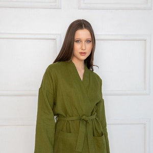Natural moss green linen women robe, women linen kimono, organic and sustainable linen summer bathrobe, summer linen homewear