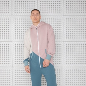 Pigiama intero per adulti - Lounger lungo con cerniera, tuta da donna, pezzo unico con cappuccio, tuta tricolore unisex per adulti di grandi dimensioni LAGOON