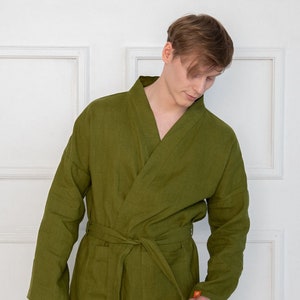 Natural moss green linen men robe, men linen kimono, organic and sustainable linen summer bathrobe, summer linen homewear