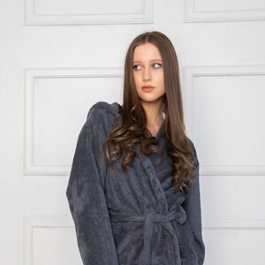 Natural dark gray bamboo frottee women robe, women frotte kimono, organic and sustainable bamboo bathrobe, summer linen homewear