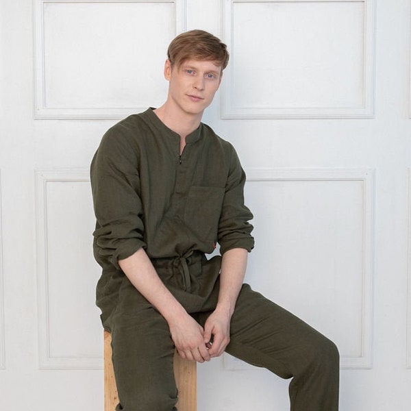 Natural dark green linen unisex adult overall, men linen jumpsuits, organic and sustainable overall, festival clothing, summer onepiece