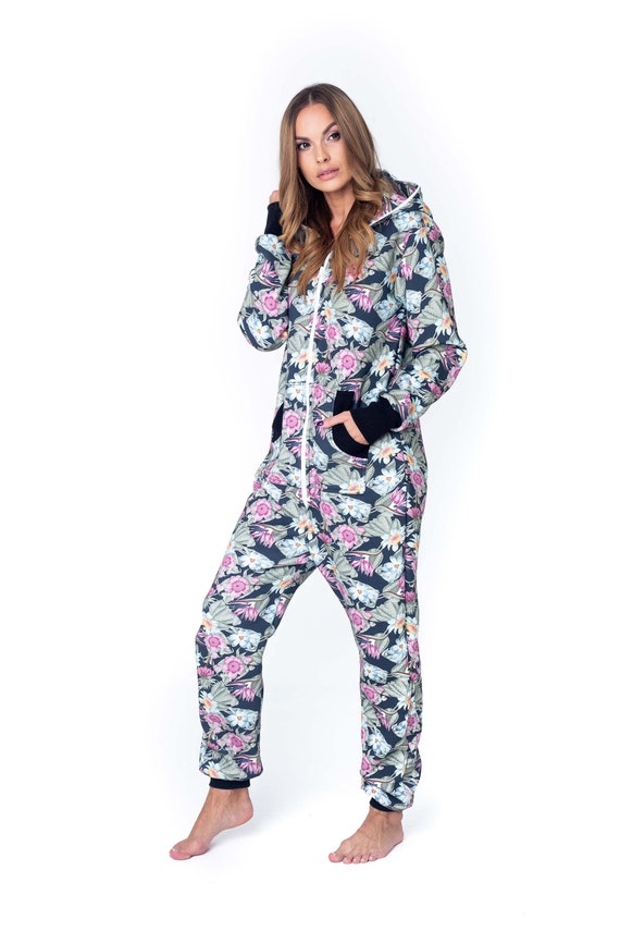 Adult Overall Pajamas Full Length Lounger With Zipper, Mens Overall,  Hooded, Plus Size Overall, Blooming Flowers Unisex Jumpsuite FLORAL 