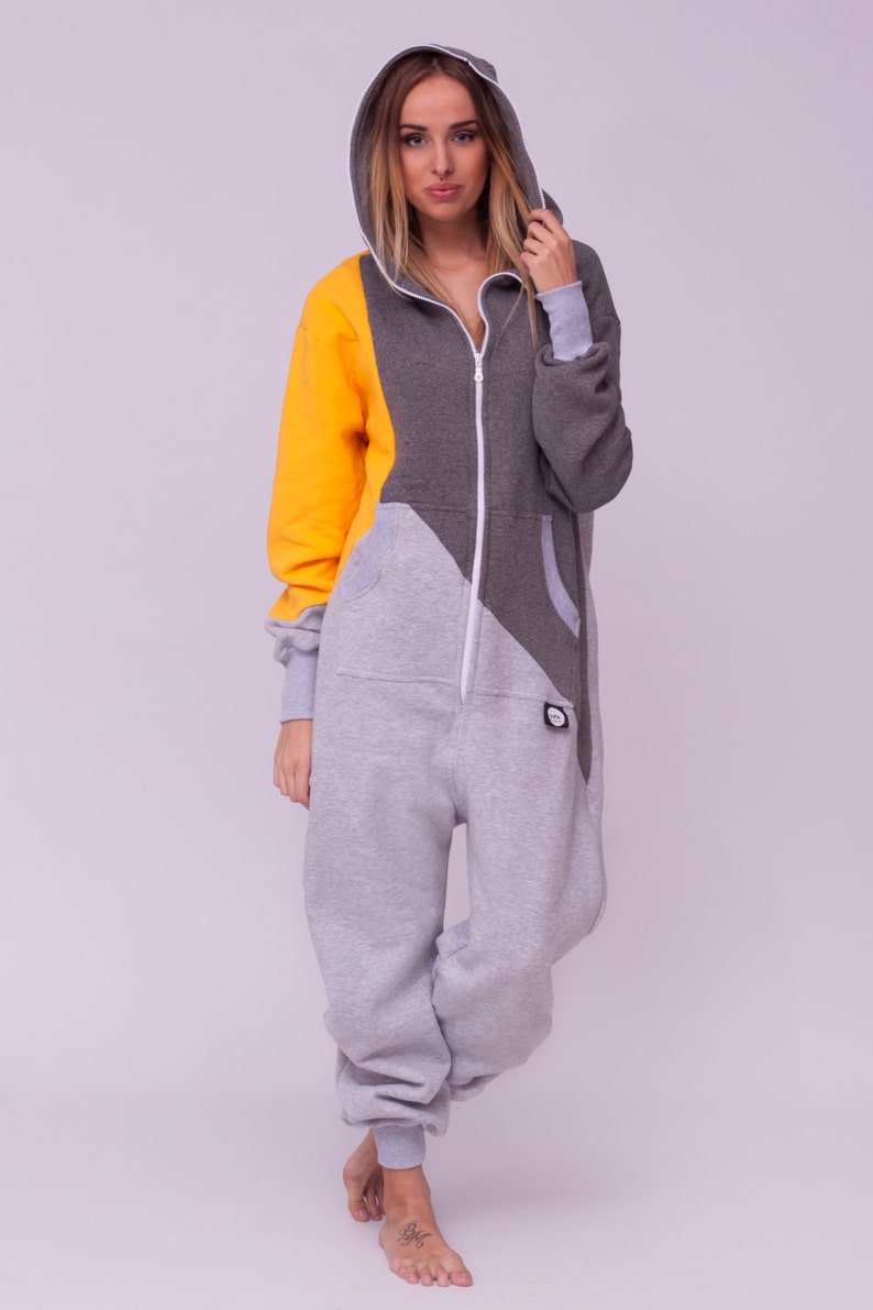 Adult Overall Pajamas Full Length Lounger with Zipper, mens Overall, hooded embroidery, plus size overall, tricolor unisex jumpsuite SUNNY image 3