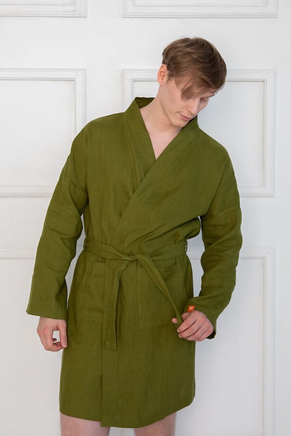 Moss Green Linen Men's Robe: Organic Summer Kimono Bathrobe