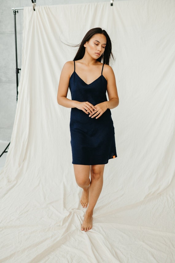 Dark Blue Linen Strappy Dress: Organic Summer Clothing Dark Blue Linen Strappy Dress: Organic Summer Clothing