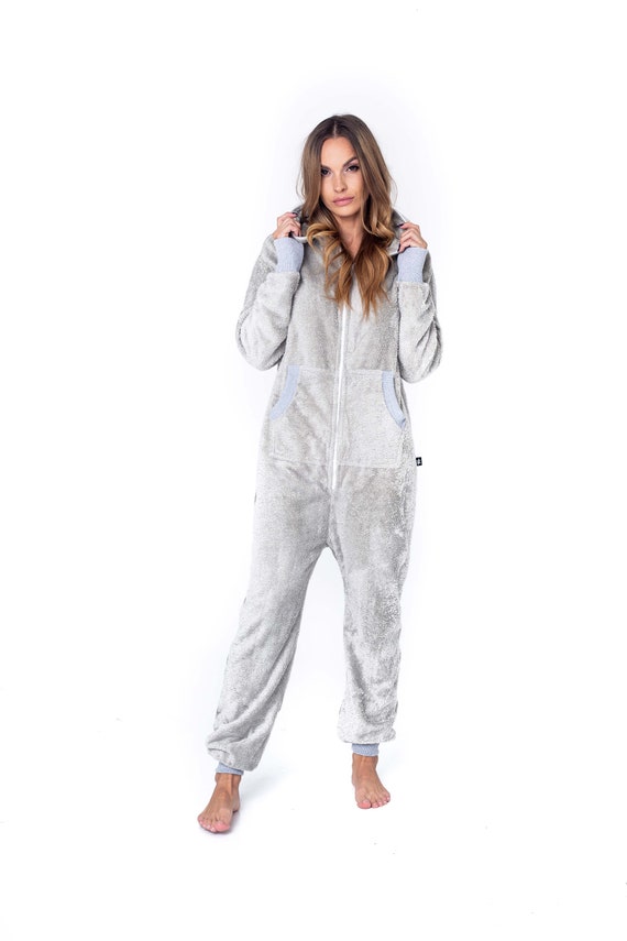 Light Gray Bamboo Frottee Adult Overall: Hooded Festival Jumpsuit