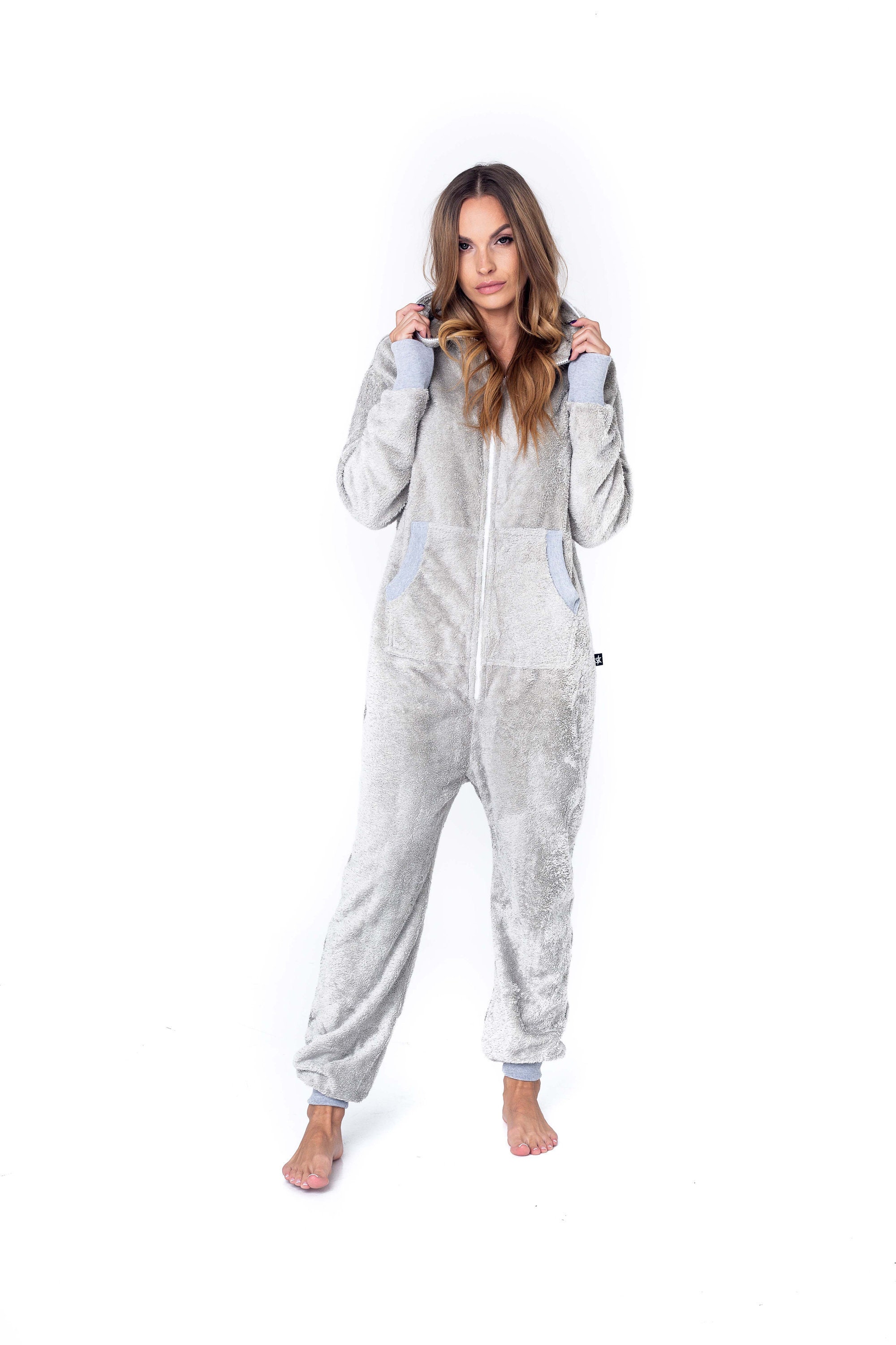 Adult overall, light gray frottee unisex adult overall, hooded pyjamas, adult overall, festival clothing, surfer onepiece