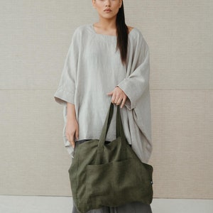 Natural dark green color linen extra strong bag, double layer linen fabric tote bag, organic sustainable linen grocery or beach bag Fornia image 2