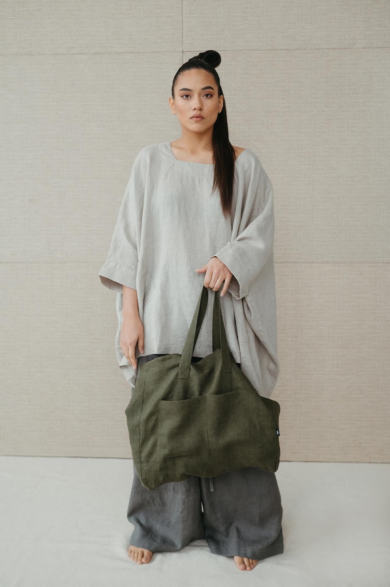 Natural dark green color linen extra strong bag, double layer linen fabric tote bag, organic sustainable linen grocery or beach bag Fornia image 2