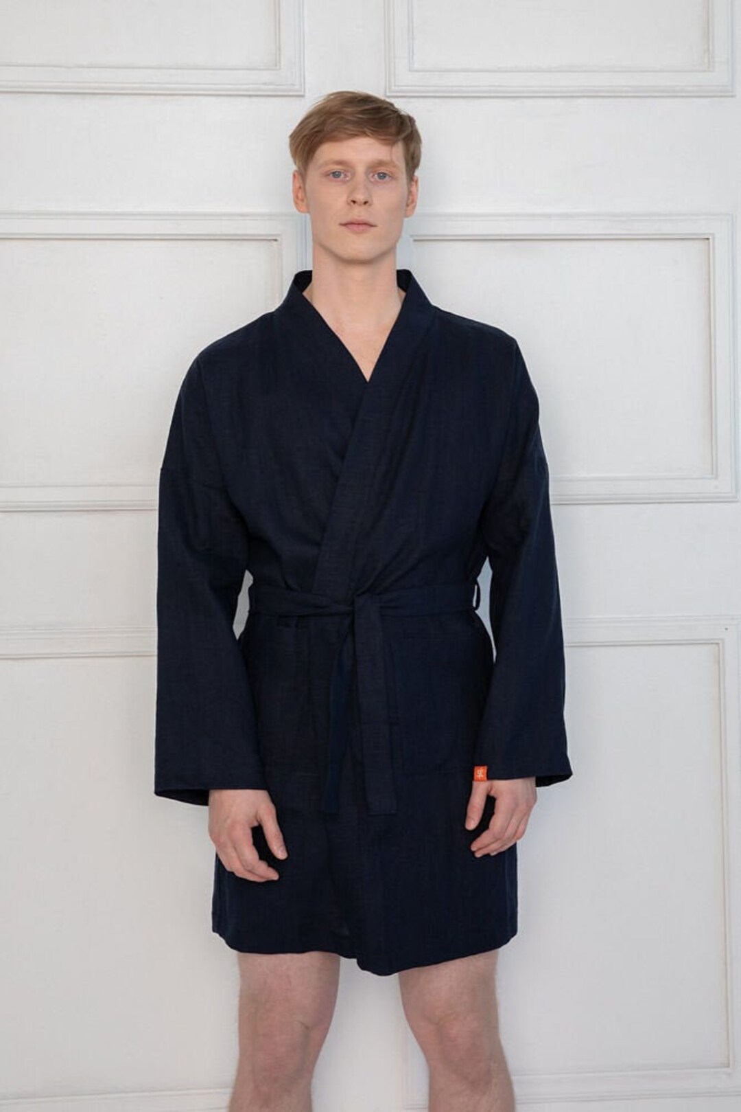 Dark Blue Linen Men's Robe: Organic Summer Kimono Bathrobe - Etsy