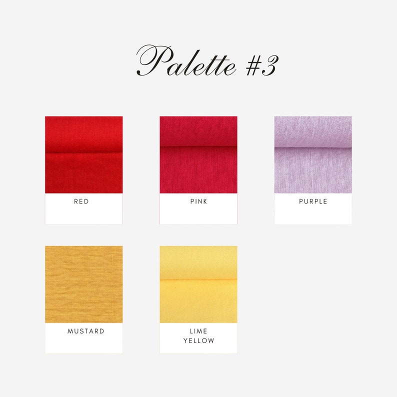 May include: A color palette with five swatches of fabric. The colors are red, pink, purple, mustard yellow, and lime yellow. The swatches are labeled with the color names.
