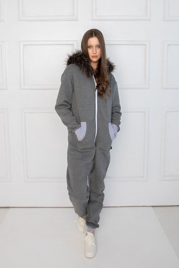 Adult Overall Grey Unisex Overall With Fur Fur Hooded Pyjamas