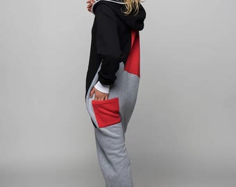 Heren jumpsuit met capuchon ritssluiting eendelige pyjama speelpak joggingpak overall romper (kaki, medium), Kaki, M