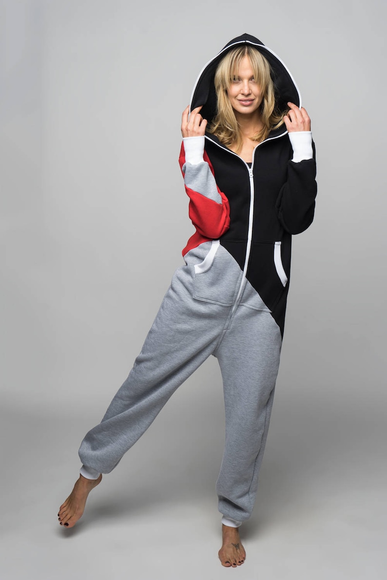 Adult Overall Pajamas Full Length cotton Lounger with Zipper, Womens Overall, hooded embroidery overall, tricolor unisex jumpsuit RACING image 4
