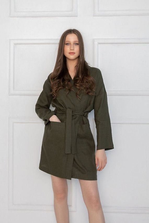 Organic Dark Green Linen Robe: Women's Summer Kimono Bathrobe
