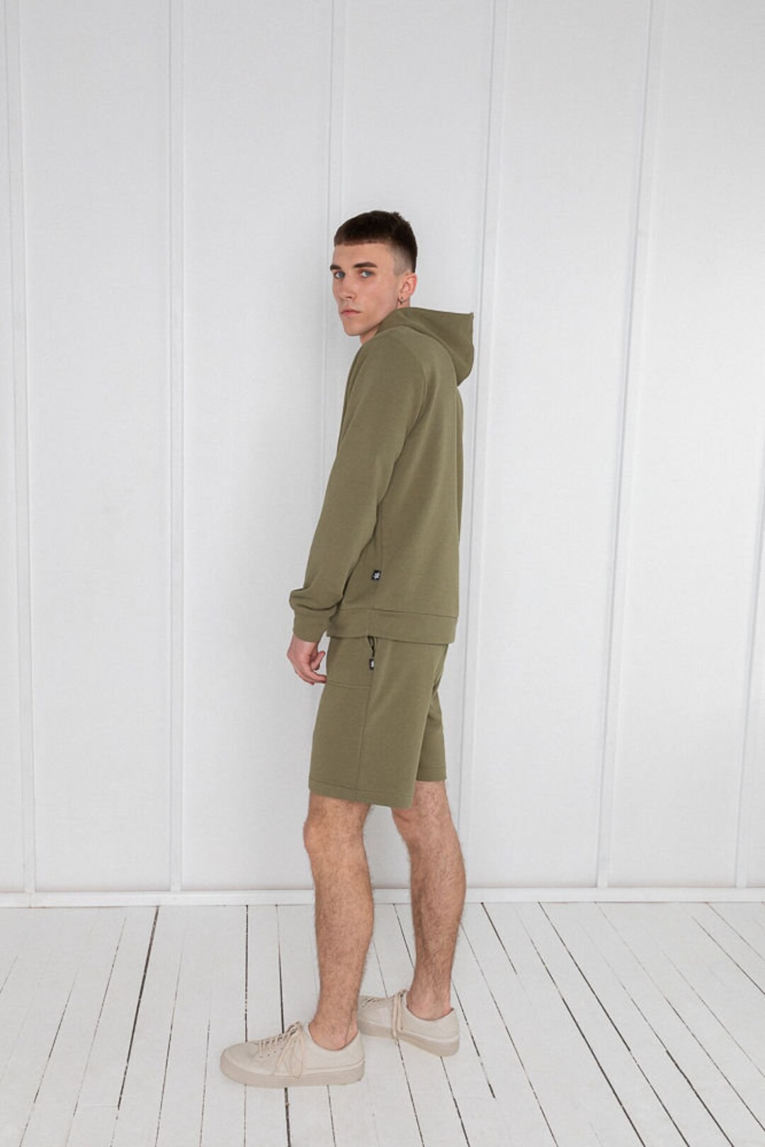 Olive Cotton Loungewear Set: Men's Knitted Hoodie and Shorts - Etsy