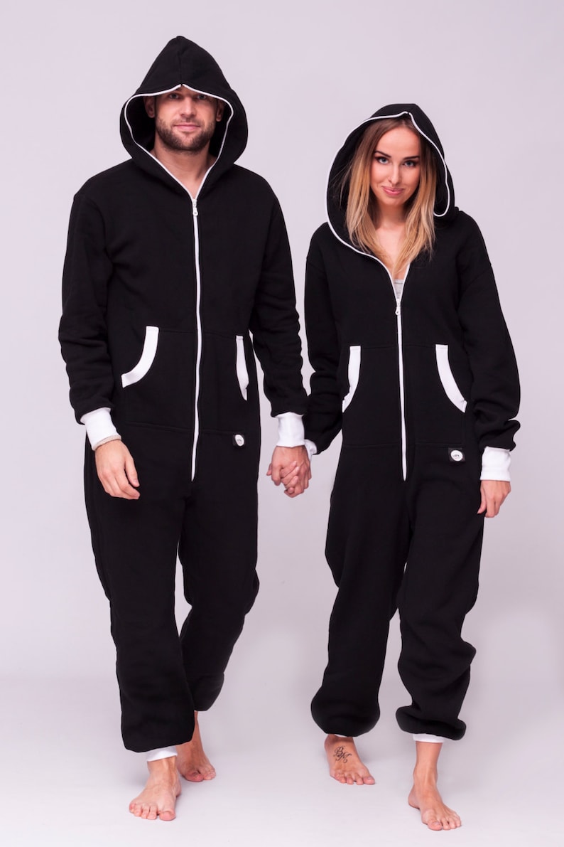 Adult overall, black unisex adult jumpsuite, hooded pyjamas, adult jumpsuits, adult overall, festival clothing, onepiece Jumpsuit with hood image 1