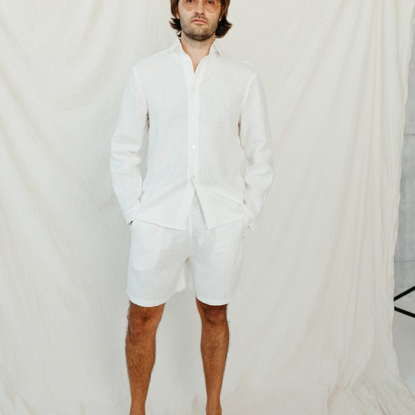 Natural white linen men shorts RAMLAT, men linen shorts, organic and sustainable linen summer short pants, handmade linen clothing