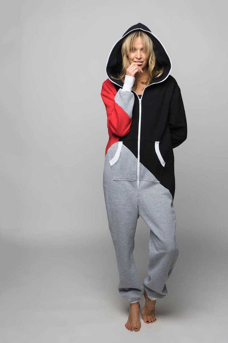 Adult Overall Pajamas Full Length cotton Lounger with Zipper, Womens Overall, hooded embroidery overall, tricolor unisex jumpsuit RACING image 1