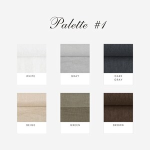 May include: Palette #1 of fabric swatches in six colors: white, gray, dark gray, beige, green, and brown.