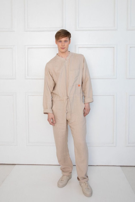 Khaki linen overalls sale