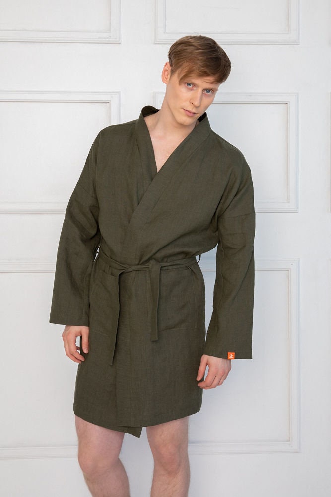 Natural Dark Green Linen Men Robe Men Linen Kimono Organic - Etsy