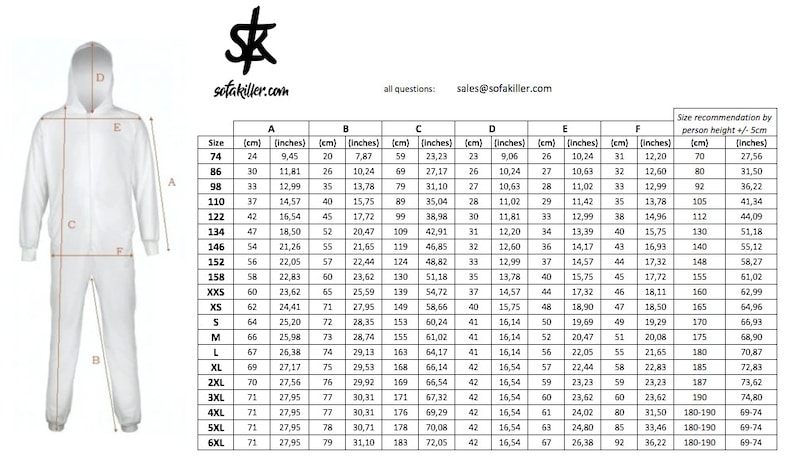 May include: Size chart for a white hooded jumpsuit with a zip closure. The chart includes measurements in inches and centimetres for different sizes, from 74 to 183 centimetres. The chart also includes size recommendations based on person height in centimetres and inches.