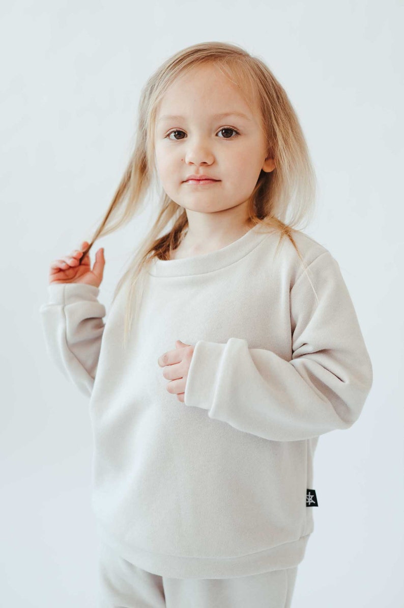 Kids sweatshirt, kids round neck sweatshirt with long sleeves, trendy kids cotton pullover , kids ecru color pullover WHITE SAND image 4