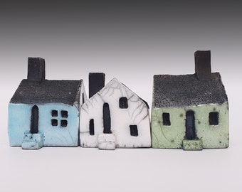 set of 3 pastel Raku houses