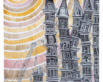 Housing Crisis! Watercolour, A3 Pen & ink Giclee print (unmounted)