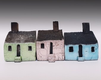 set of 3 pastel Raku houses