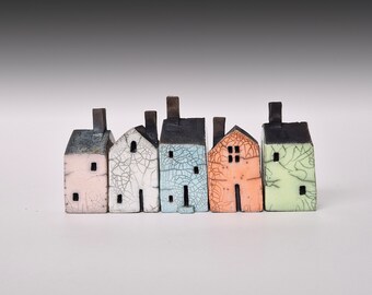 set of 5 pastel coloured Raku houses