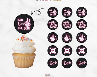 Bad Two the Bone Cupcake Toppers png Bundle, 2nd Birthday Cake Topper png, Skeleton Birthday Party Decorations, Instant Digital Download