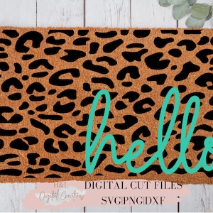 ヒョウ柄 Hello ドアマット SVG | ウェルカムマット SVG カットファイル | アニマルプリント ポーチ装飾 SVG | Cricut シルエット png dxf ダウンロード