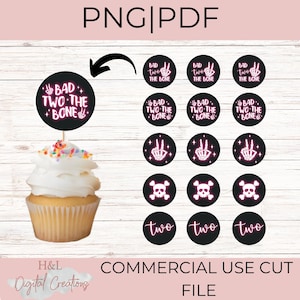 Printable bad two the bone cupcake toppers, Birthday toppers, Printable toppers, png, pdf