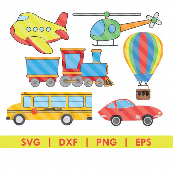 Transportation Pack Airplane Train School Bus Helicopter Car Air Ballon SVG DXF Silhouette Cameo Cut File