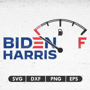Puede incluir: Un indicador de gasolina negro y blanco con una aguja roja que apunta a vacío. El indicador está etiquetado con "F" para lleno y tiene un pequeño icono de bomba de gasolina. Las palabras "BIDEN HARRIS" están escritas en letras azules y rojas con un diseño a rayas rojo, blanco y azul.