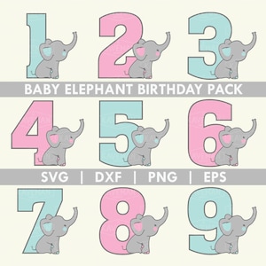 Könnte beinhalten: Neun digitale Cliparts von Baby-Elefanten mit den Zahlen 1 bis 9. Die Zahlen sind in Rosa und Blau, und die Elefanten sind grau. Der Text "BABY ELEPHANT BIRTHDAY PACK" befindet sich oben im Bild. Der Text "SVG | DXF | PNG | EPS" befindet sich unten im Bild.