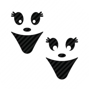 May include: Two black and white striped ghost faces with big eyes and a wide smile. The ghosts are facing forward and are isolated on a white background.