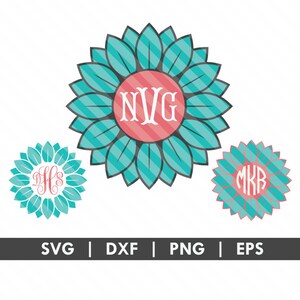May include: Three monogrammed sunflower designs with teal petals and a pink center. The monograms are "NVG", "DFS", and "MKB".