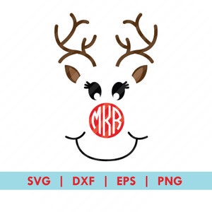 May include: A festive reindeer face design with brown antlers, ears, and a red nose featuring the initials "MKB". The design includes black eyes with eyelashes and a smiling mouth. The bottom of the image has the text "SVG | DXF | EPS | PNG".