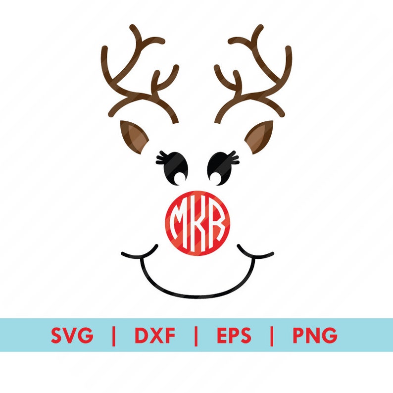 May include: A festive reindeer face design with brown antlers, ears, and a red nose featuring the initials "MKB". The design includes black eyes with eyelashes and a smiling mouth. The bottom of the image has the text "SVG | DXF | EPS | PNG".