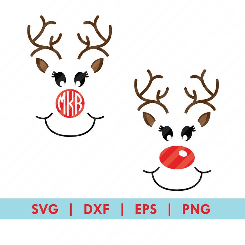 May include: Two reindeer face designs with brown antlers, brown ears, black eyelashes, and red noses. One nose has a monogram with the letters MKB. The other has a solid red nose. The bottom of the image has the text: SVG | DXF | EPS | PNG.