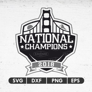 May include: Black and white graphic design featuring a stylised image of the Golden Gate Bridge with the text "NATIONAL CHAMPIONS" and "2018".