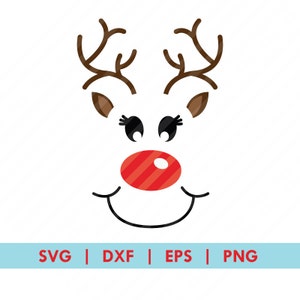 May include: A vector illustration of a reindeer face with brown antlers, ears, and eyelashes. The reindeer has a red, striped nose and a smiling mouth. The image includes the text "SVG | DXF | EPS | PNG" in a blue bar.