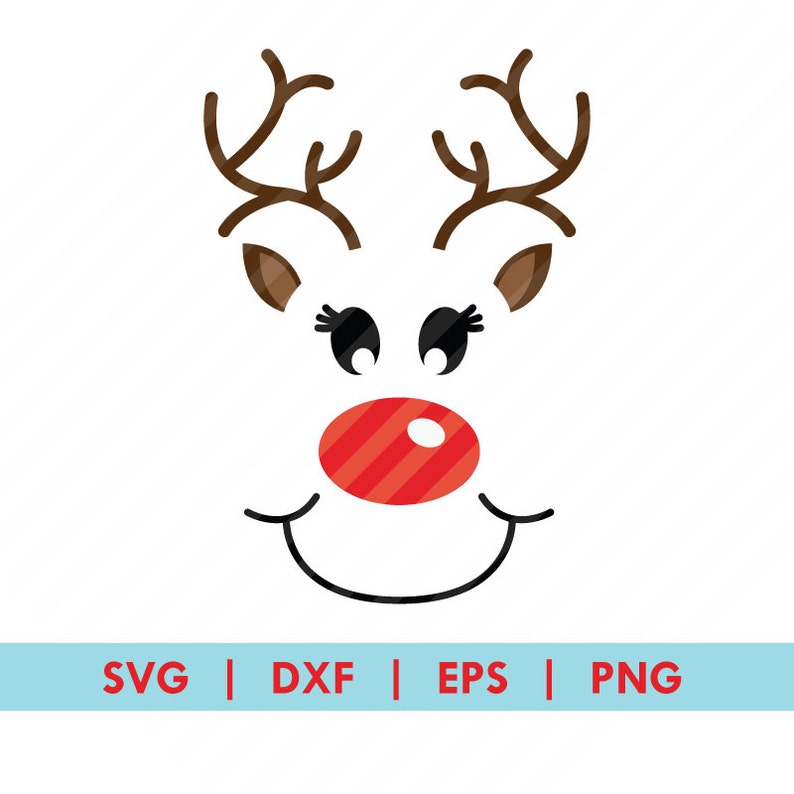 May include: A vector illustration of a reindeer face with brown antlers, ears, and eyelashes. The reindeer has a red, striped nose and a smiling mouth. The image includes the text "SVG | DXF | EPS | PNG" in a blue bar.