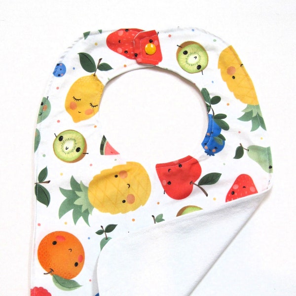 Baby/toddler full coverage bib with adorable smiling watermelon, pears, lemons, oranges, and berries on white background, lined with white!